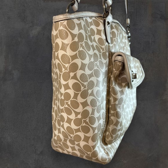 Coach Signature Leah Large Shoulder‎ Tote Bag Khaki White 15135 Handbag Purse - Picture 6 of 11